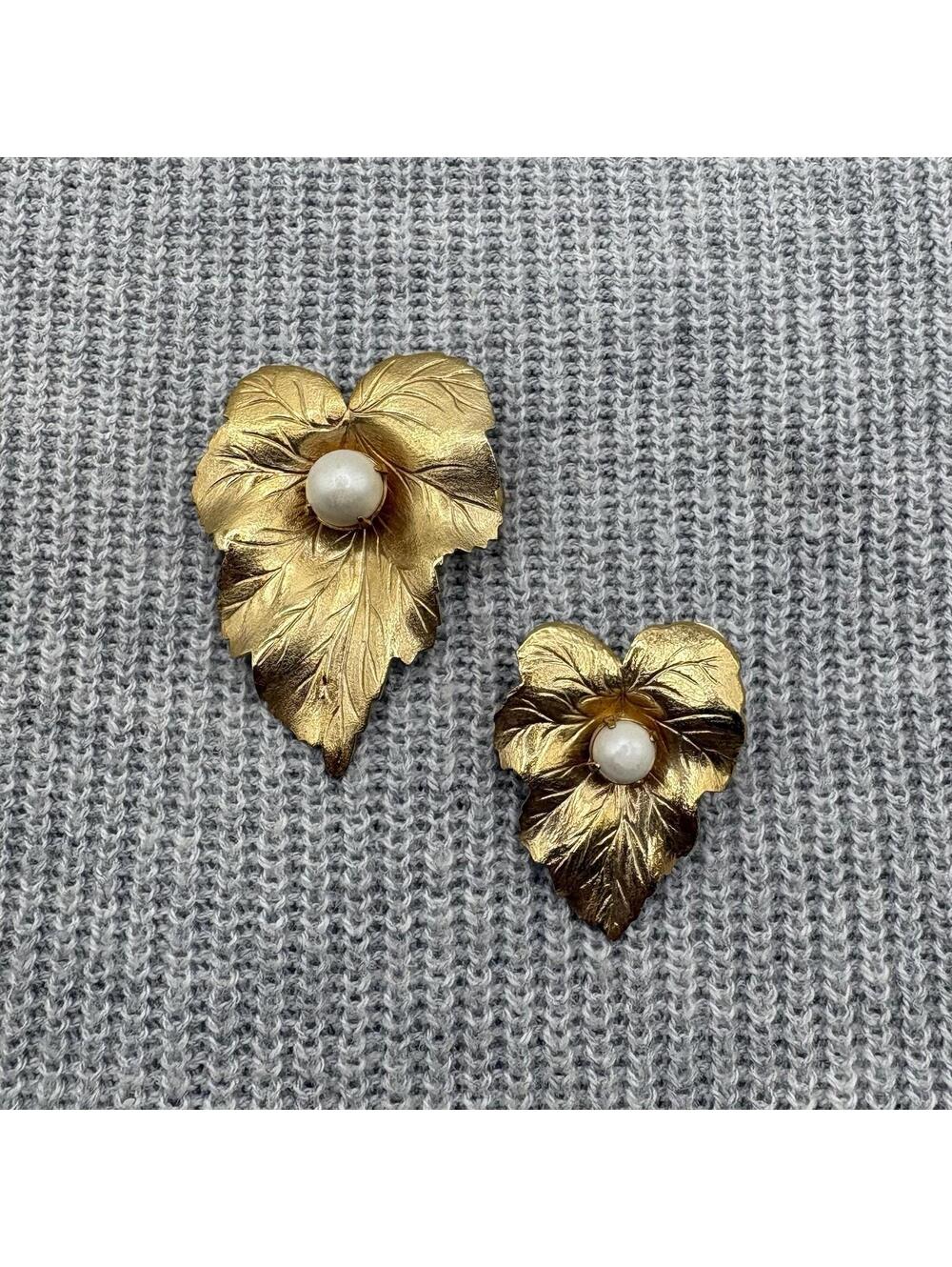 Vintage Sarah Coventry Gold Tone Leaf Brooch Set Faux Pearl Pin Signed Floral